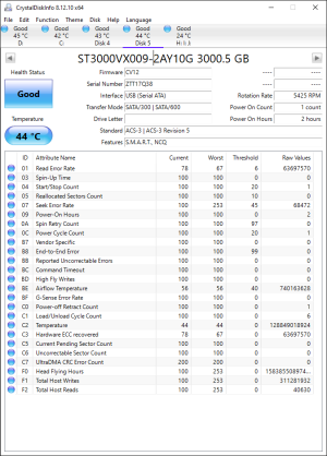 CrystalDiskInfo printout of SMART attributes from an ST3000VX009-2AY10G.