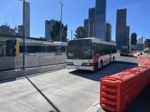 Thompson Bus Services 070GJT at Cultural Centre doing Rail Replacment works.