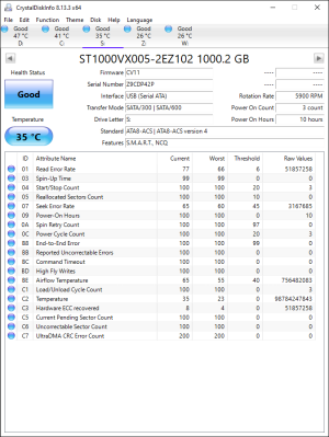 CrystalDiskInfo printout of SMART attributes from an ST1000VX005-2EZ102 hard drive, a member of Hepburn Oasis.