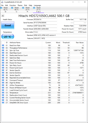 CrystalDiskInfo printout of SMART attributes from a Hitachi HDS721050CLA662.