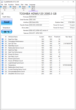 CrystalDiskInfo printout of SMART attributes from a TOSHIBA HDWU120.