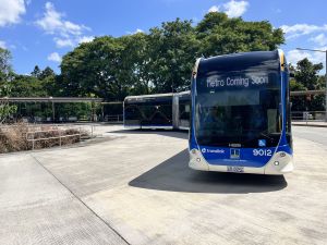 Brisbane Metro 9012 leaving UQ Lakes station testing.