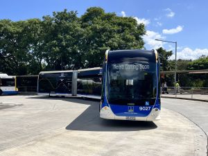 Brisbane Metro 9027 leaving UQ Lakes station testing.