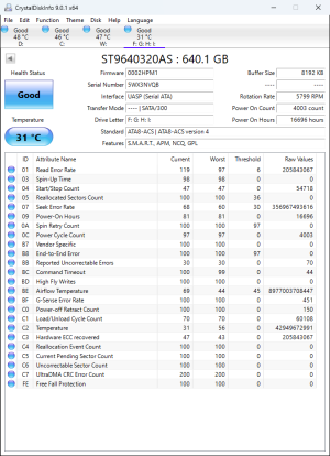 CrystalDiskInfo printout of SMART attributes from an ST9640320AS, part of the Cameron family.