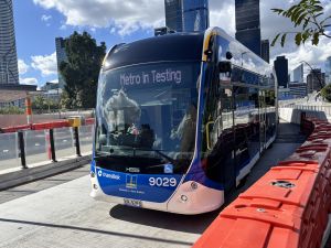 Brisbane Metro 9029 arriving into Cultural Centre Station testing.