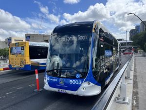 Brisbane Metro 9003 leaving Cultural Centre Station testing.