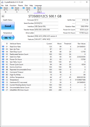 CrystalDiskInfo printout of SMART attributes from an ST3500312CS.