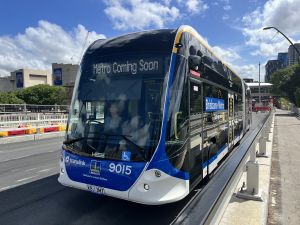 Brisbane Metro 9015 leaving Cultural Centre Station testing.