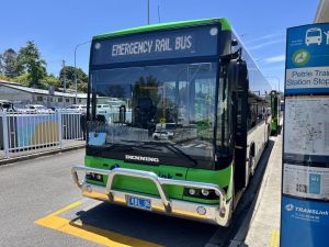 Kanagaroo Bus Lines 6 at Petrie Station doing emergency Rail Replacement work.