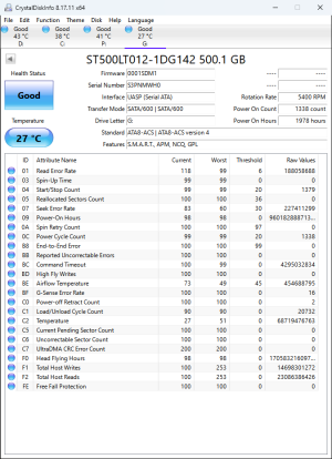 CrystalDiskInfo printout of SMART attributes from an ST500LT012-1DG142, part of the Wyatt family.