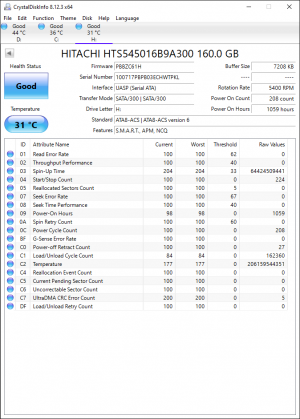 CrystalDiskInfo printout of SMART attributes.