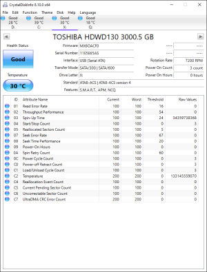 CrystalDiskInfo printout of SMART attributes from a Toshiba HDWD130.