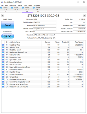 CrystalDiskInfo printout of SMART attributes from an ST3320310CS.