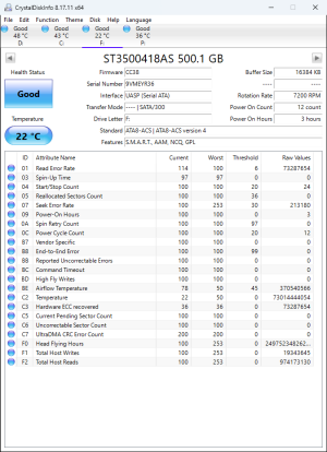 CrystalDiskInfo printout of SMART attributes from an ST3500312CS.