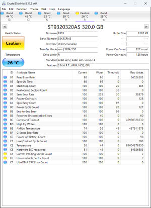 CrystalDiskInfo printout of SMART attributes from an ST9320320AS, part of the Crocket family.